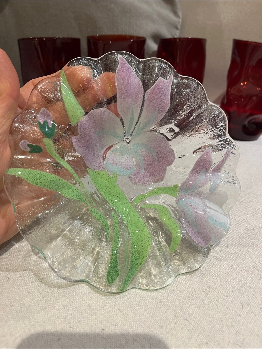 Sydenstricker Fused Art Glass Pink Iris Ruffled Edge 6.5” Bowl Signed